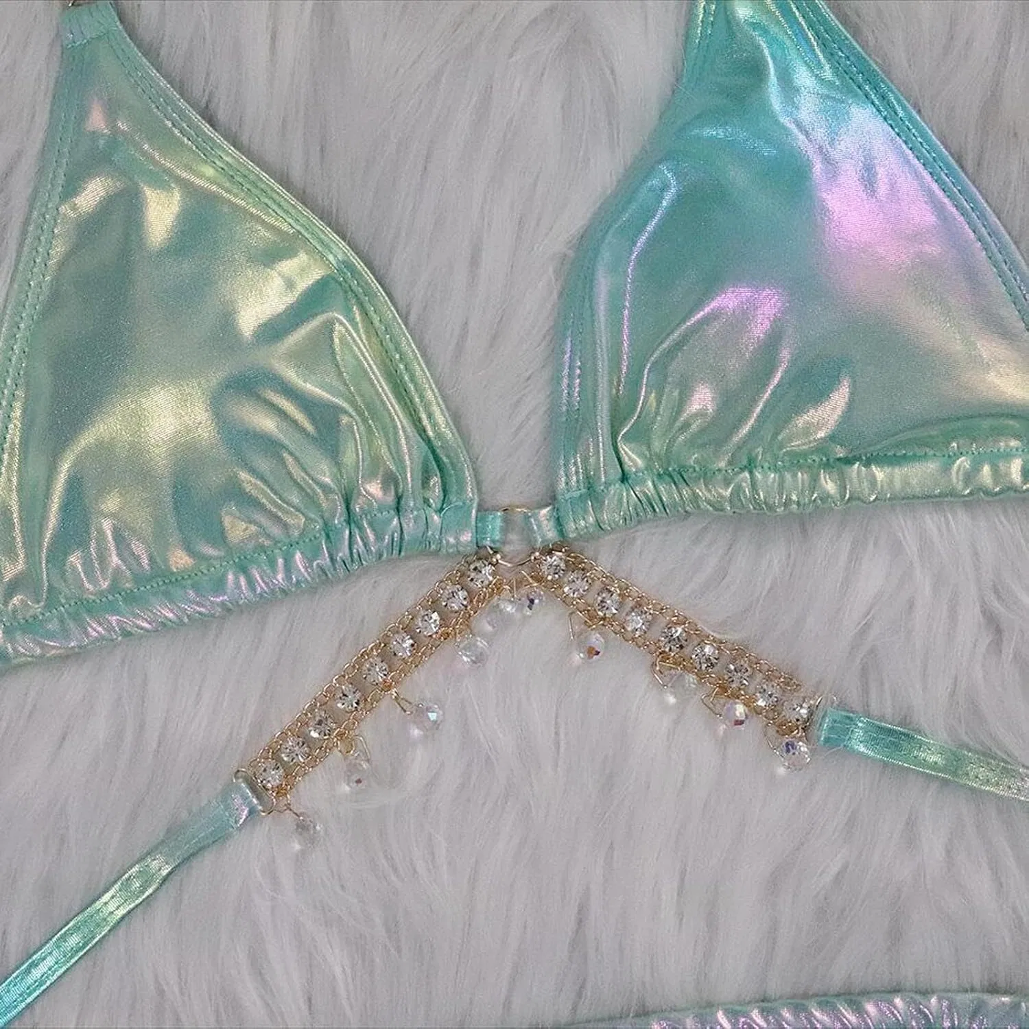 Женский бикини-комплект с треугольными чашками и стрингами Rhinestones, Green — фото 4