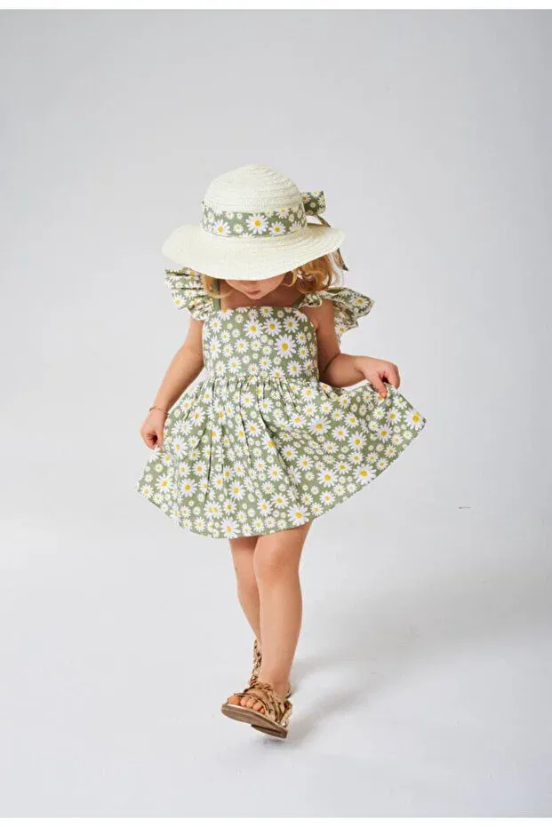 Детское платье для девочек с цветочным принтом Daisy dress with hat Babili, Green — фото 3