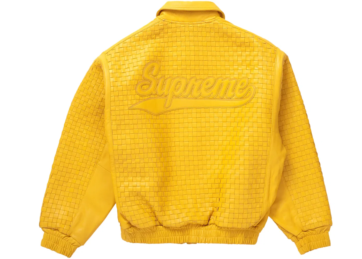 Мужская куртка-бомбер из плетеной кожи Supreme Woven Leather Varsity Jacket, Yellow — фото 3