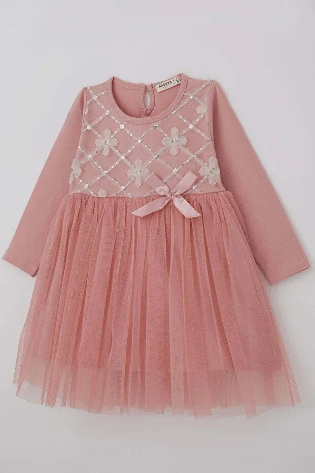 Детское платье для девочек с длинным рукавом Girl'S long sleeve dress with sequins and tulle floral accessories Breeze, Rose Dry — фото 3