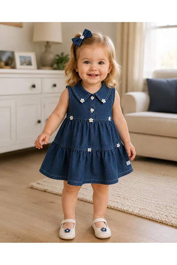 Детское джинсовое платье для девочек с принтом Mbk Garden, Dark Navy Blue