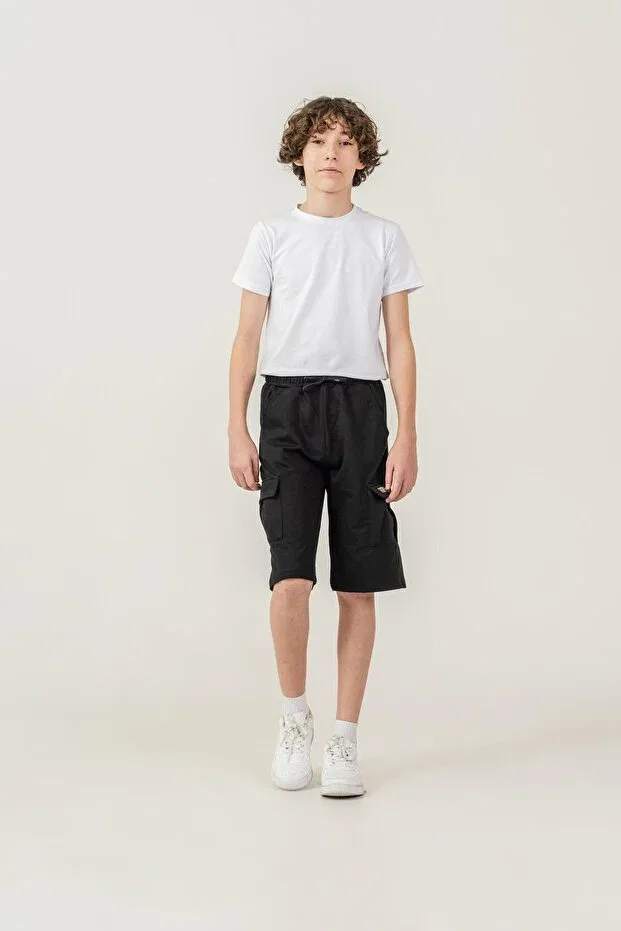Детские шорты для мальчиков с принтом Double Cargo Pockets Left Pocket Cover Mışıl Kids, Black