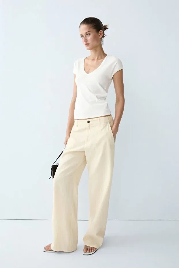 Женская футболка с v-образным вырезом Massimo Dutti, Broken White — фото 4