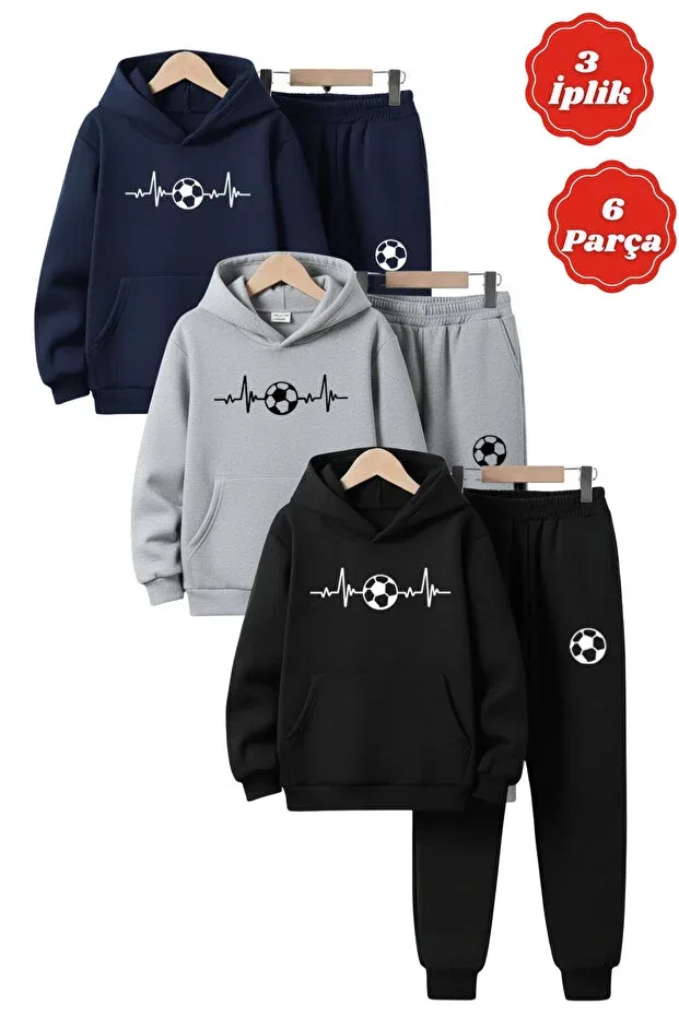 Детский спортивный костюм для мальчиков с принтом 3 thread winter thick football print detailed kangaroo pocket k hooded 6 piece boys tracksuit set Fyk Kids, Navy-Black-Grey