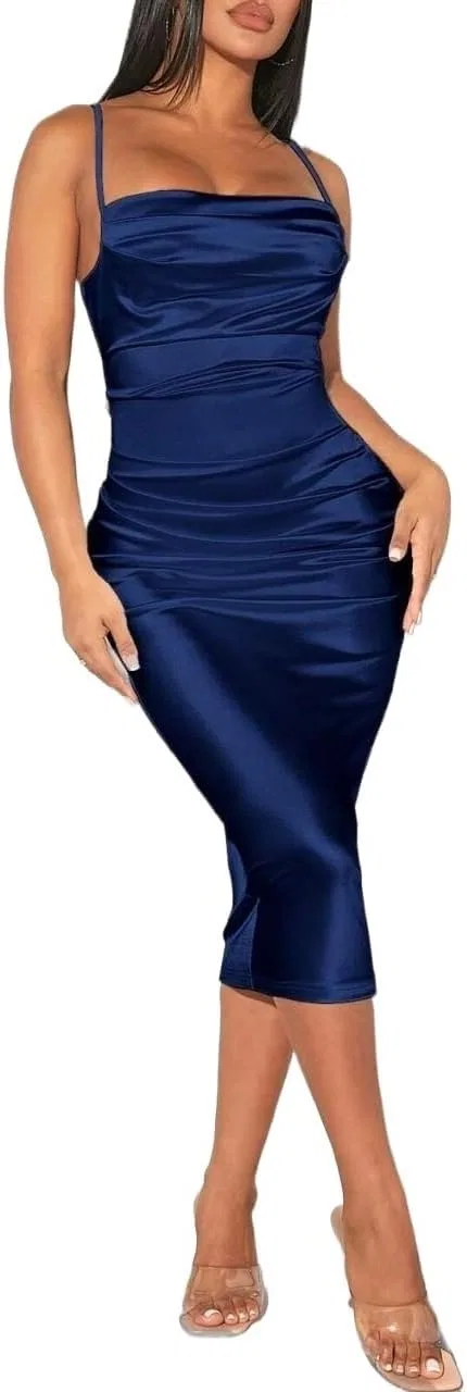 Женское сатиновое платье миди с открытой спиной Navy Blue