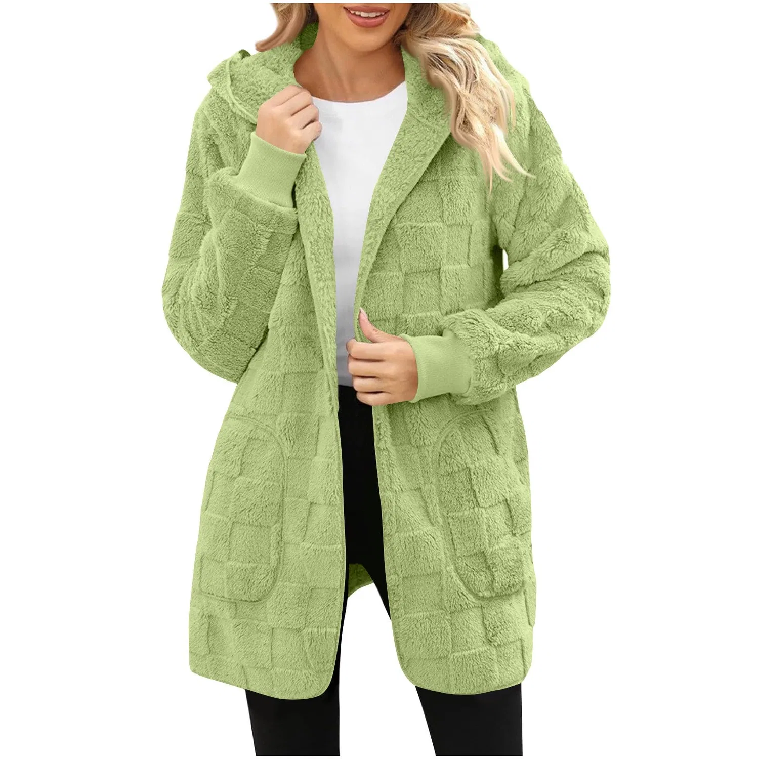 Женское флисовое пальто с капюшоном, клетчатое, свободного кроя, 02 Green