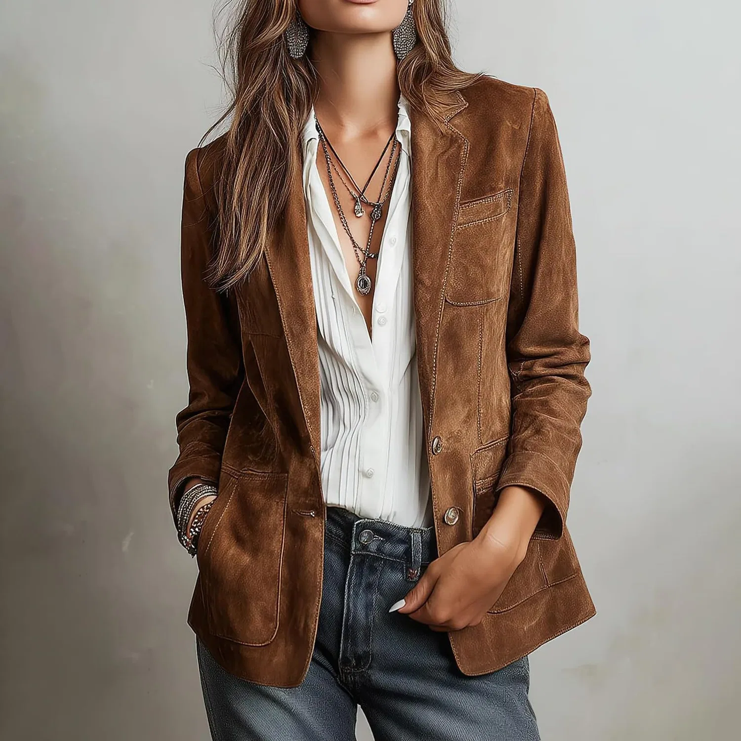 Женское пальто-жакет из искусственной замши с лацканами, Vintage Classic, Brown — фото 2