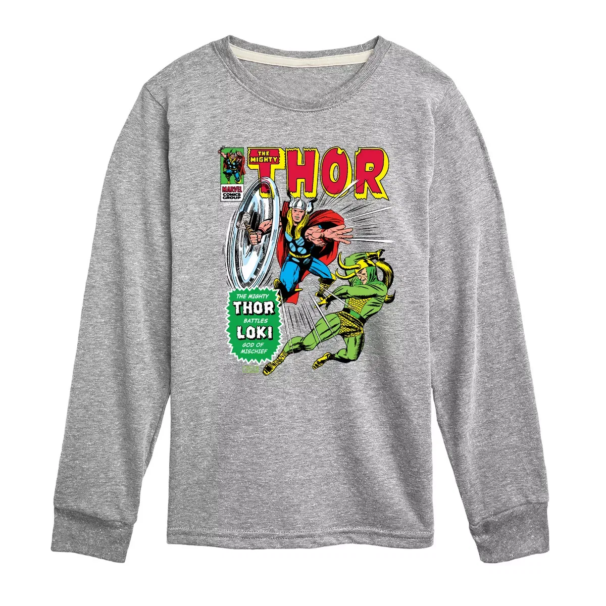 Детская футболка с длинным рукавом с принтом Marvel Thor Retro Comic Book Cover, athletic heather
