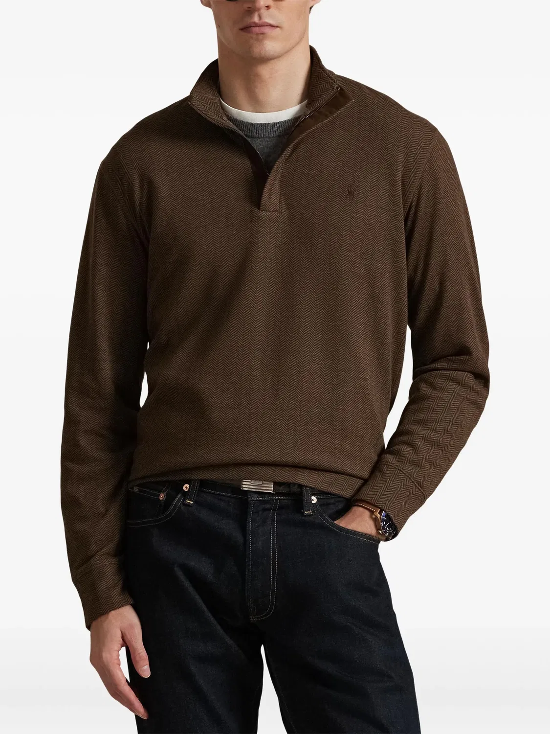 Пуловер с полуугольной застежкой из шерсти с елочкой Polo Ralph Lauren, коричневый — фото 3