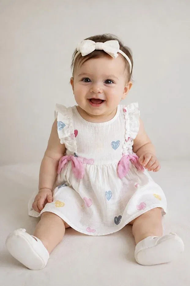 Детское платье для девочек муслиновое My Little One's Muslin Colorful Heart Printed Bowknot Baby Girl Dress Minigimin Cicileri, Pink — фото 2