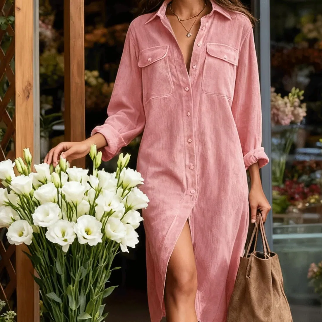 Женское платье-рубашка из вельвета, Corduroy Shirt Dress, розовый — фото 3