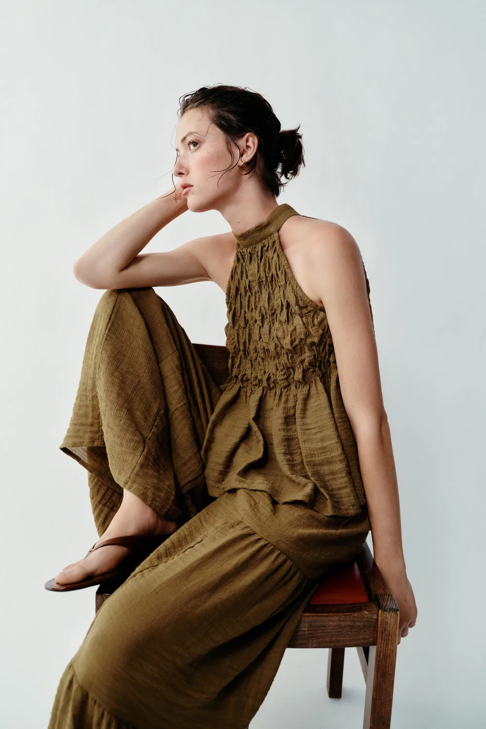 Топ с завязками на шее ZARA, Olive green — фото 4