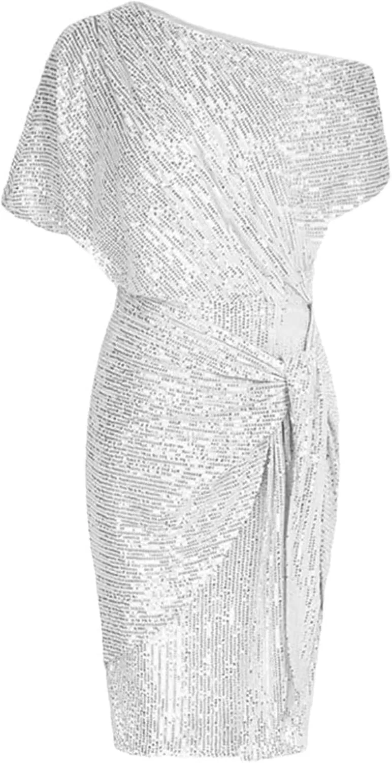 Женское коктейльное платье с пайетками асимметричное, White
