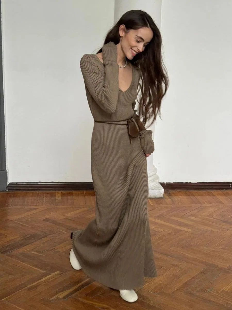 Женское облегающее платье миди с поясом Half Turtleneck V-Neck, Brown — фото 3