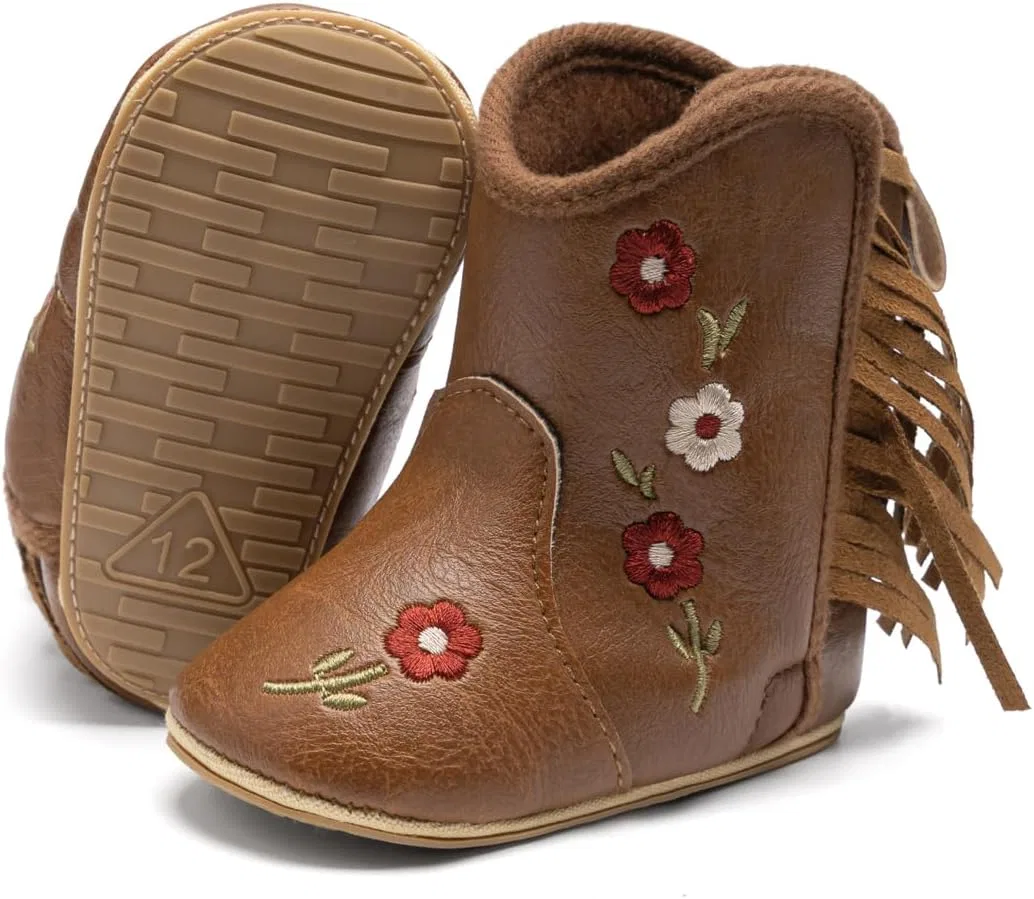 Детские сапоги для девочек с кисточками Meckior, Brown(two-Colored Flower)