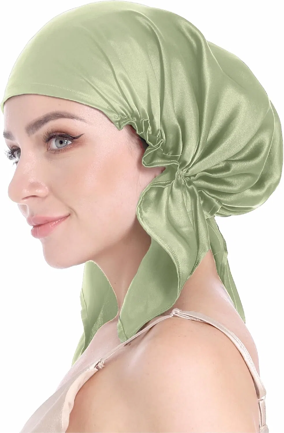Шелковый чепчик для сна с завязками, SissiLita, M-L, Sage Green