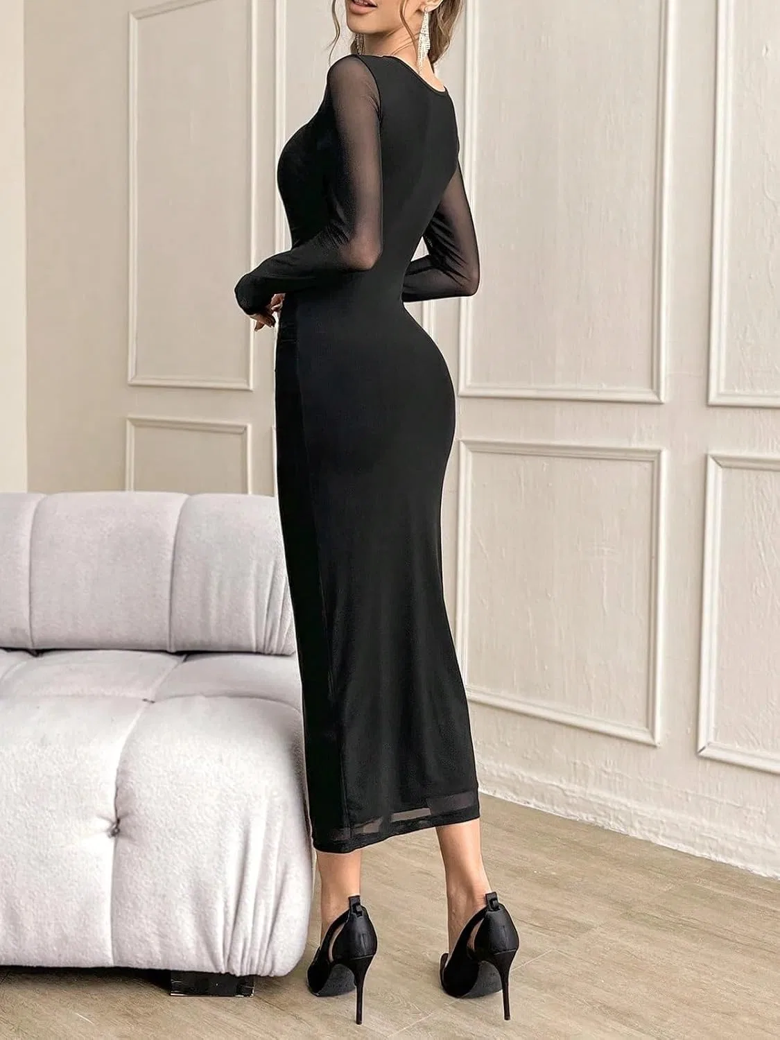 Женское облегающее платье с драпировкой из сетки, Black — фото 4