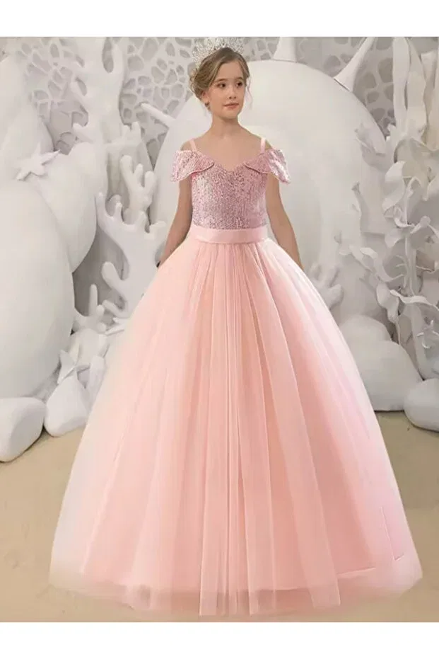 Детское платье для девочек с пайетками Elegant sequined off-shoulder tulle dress princess evening dress Miço Kids, Powder — фото 2