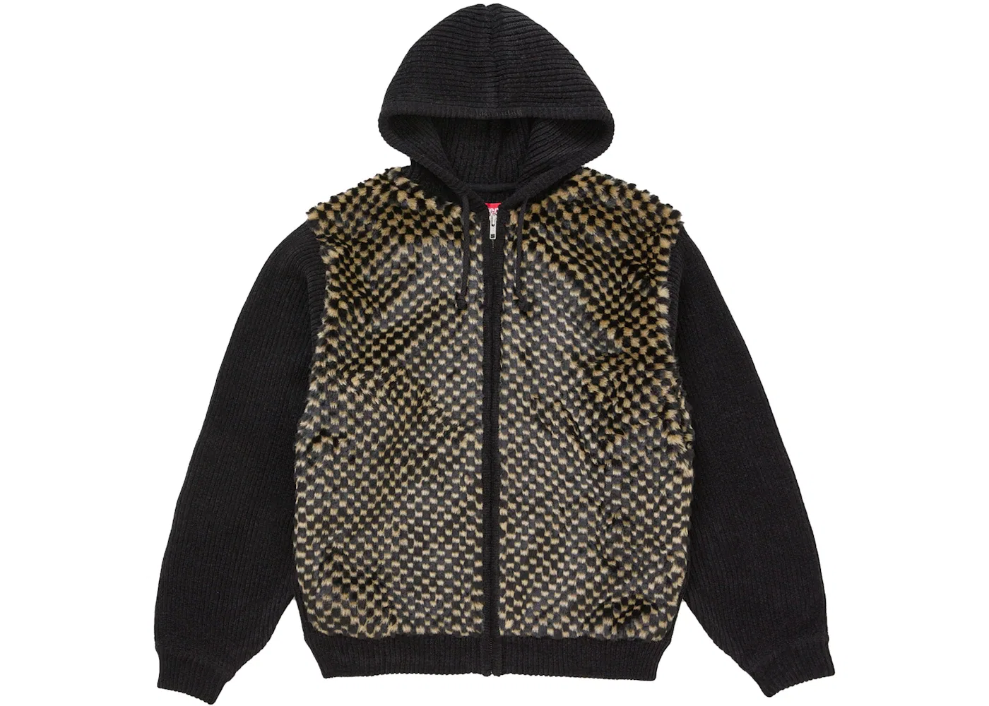 Мужской свитер с принтом Supreme Checkerboard Faux Fur Zip Up Hooded Sweater, Black