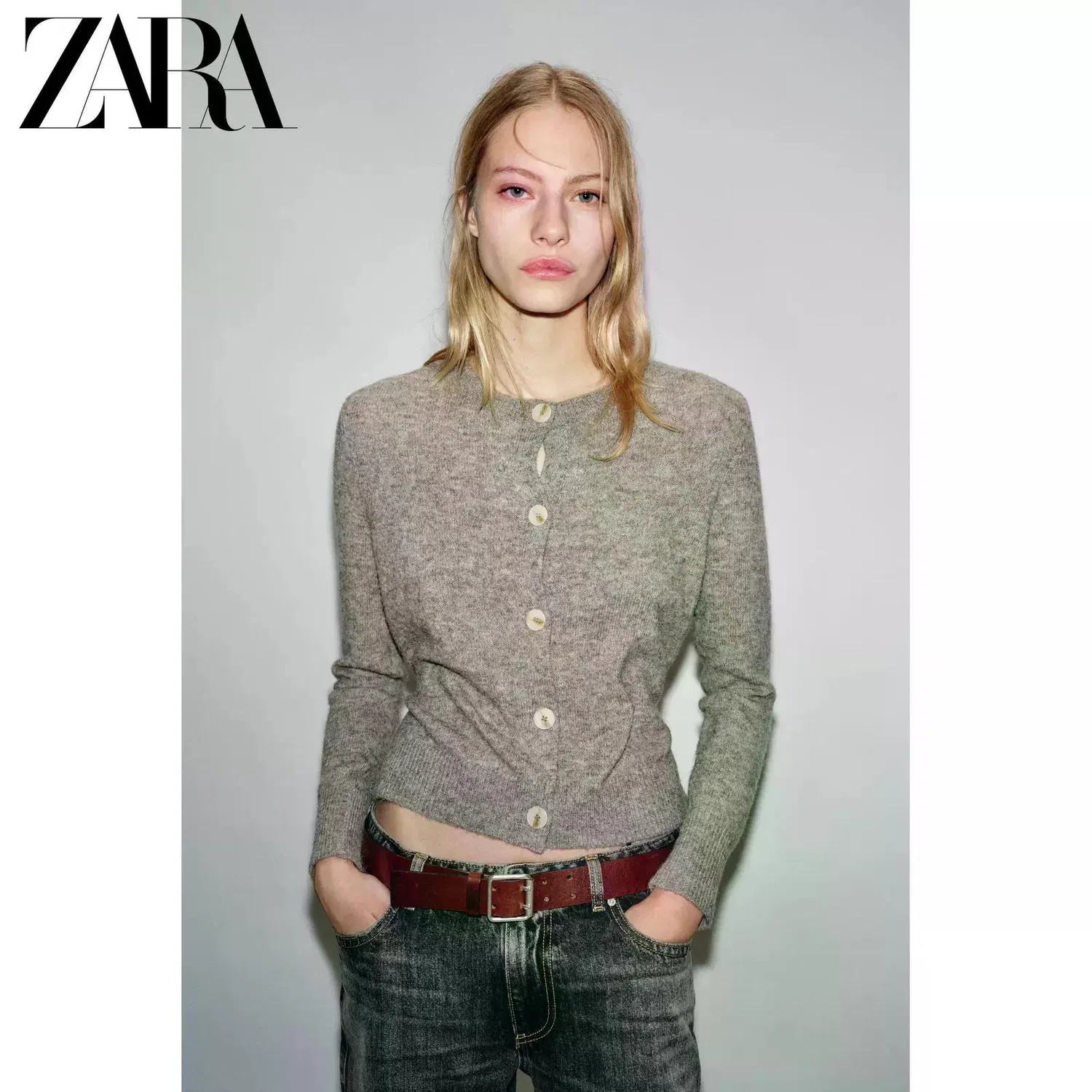 Женский кардиган с круглым вырезом серый ZARA, Gray — фото 4