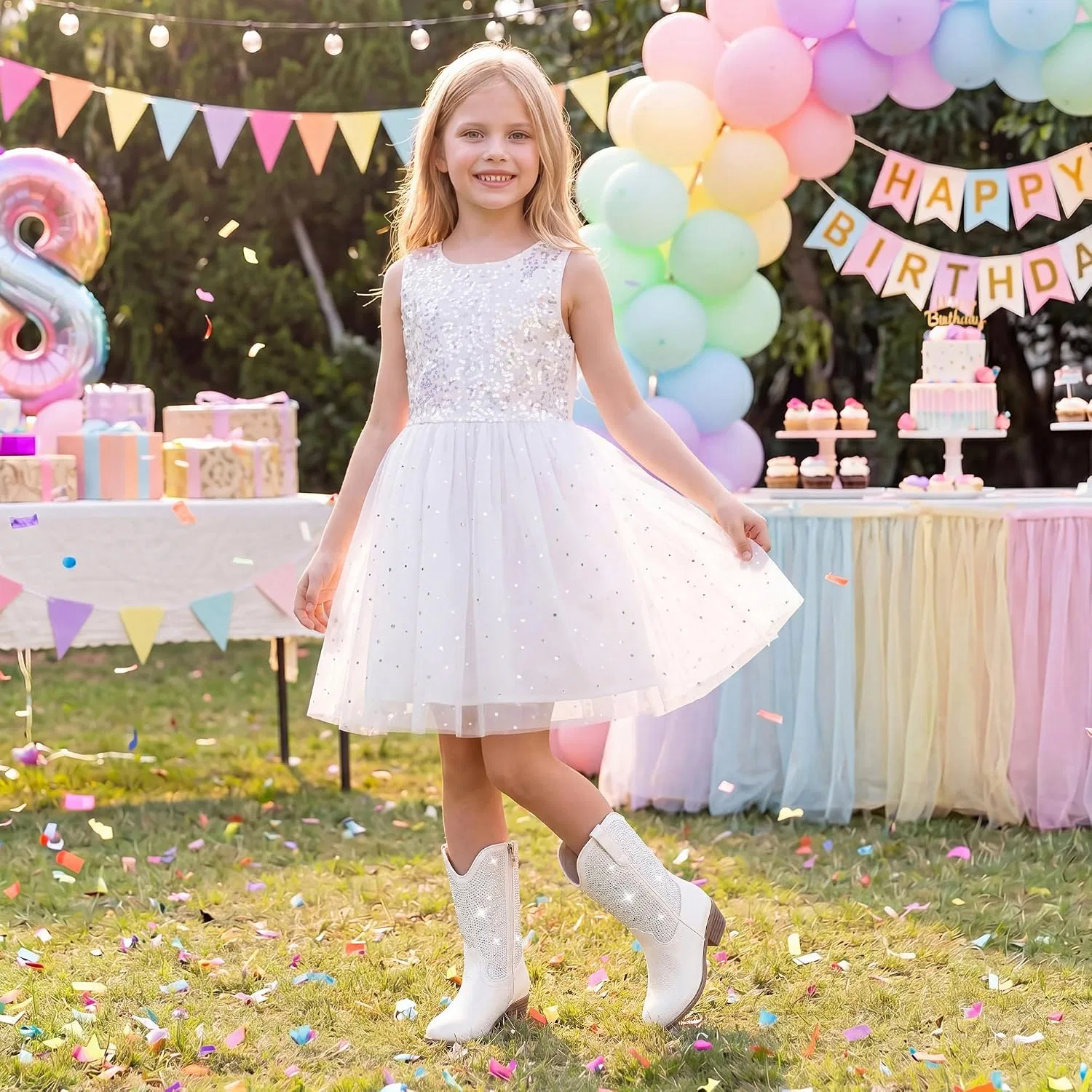 Детские сапоги для девочек с принтом Rhinestone Girls Cowboy Boots Motasha, White — фото 3