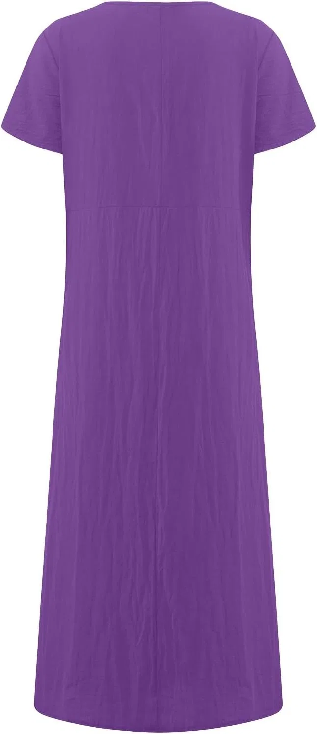 Женское макси-платье свободное с воротником-стойкой Linen Dress, Purple — фото 3