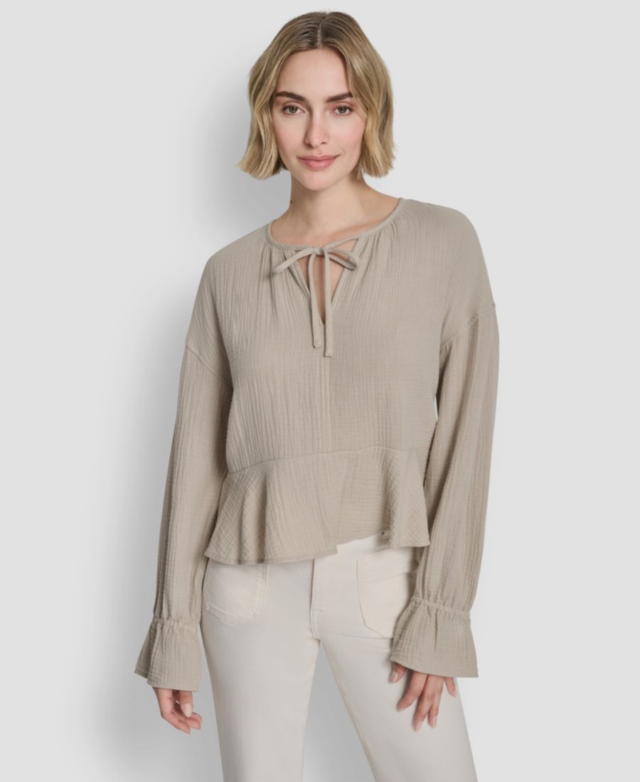 

Женский укороченный топ с длинными рукавами из двойной креповой марли с завязками на шее DKNY Jeans, Pebble