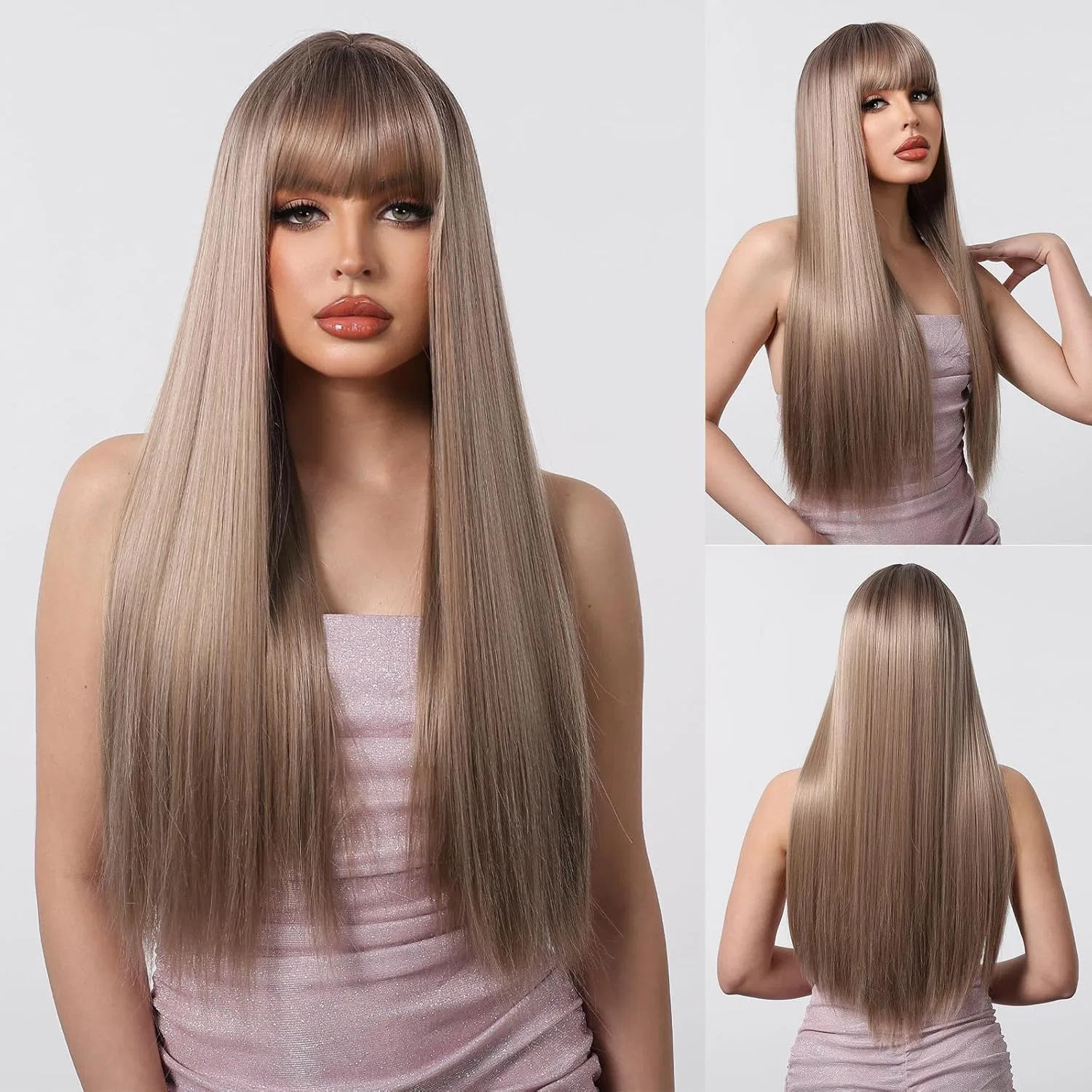 Женский длинный прямой парик с челкой из синтетических волос Cgvg, Champagne Brown