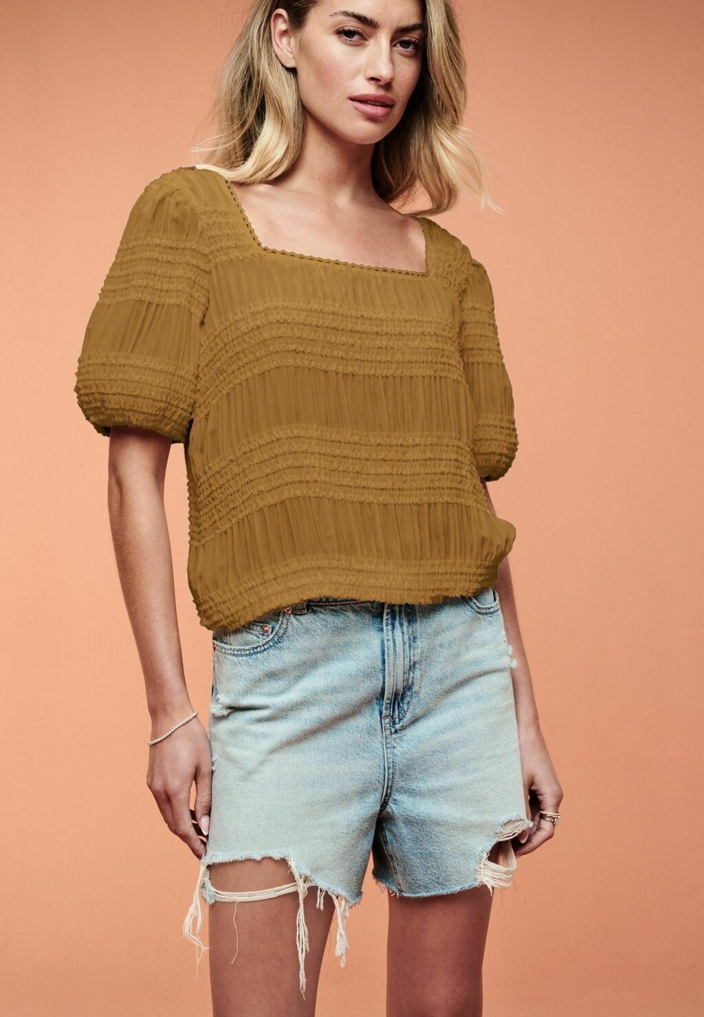 Блузка Short Sleeve Smock Tie Back Next, охристо-желтая — фото 4