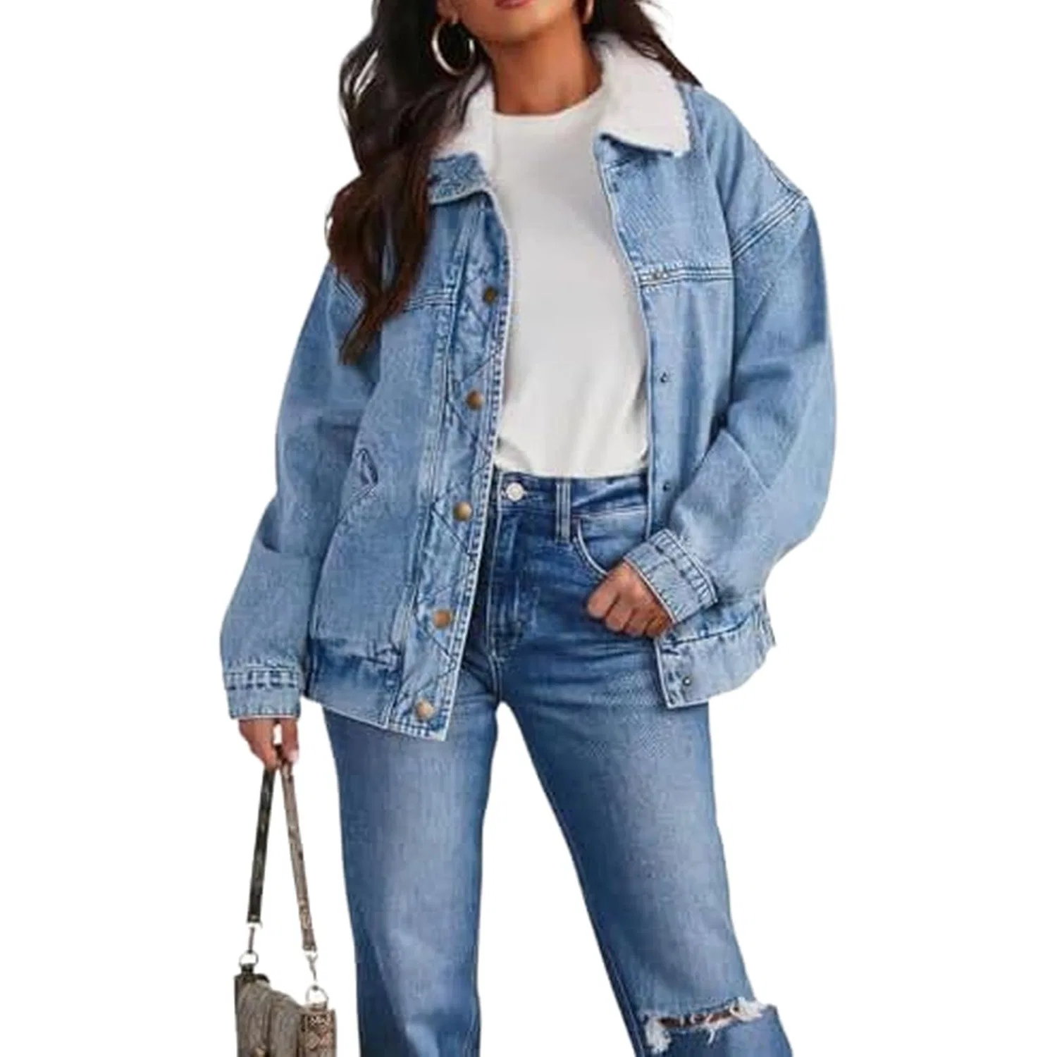 Женское джинсовое пальто oversize с тёплым воротником, Azzurro chiaro