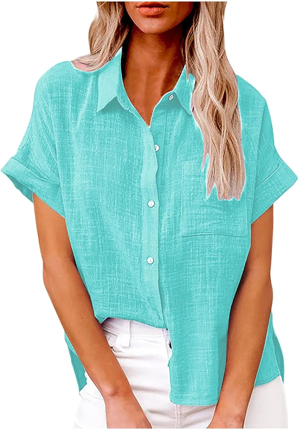 Женская льняная блуза с коротким рукавом, C-light Blue
