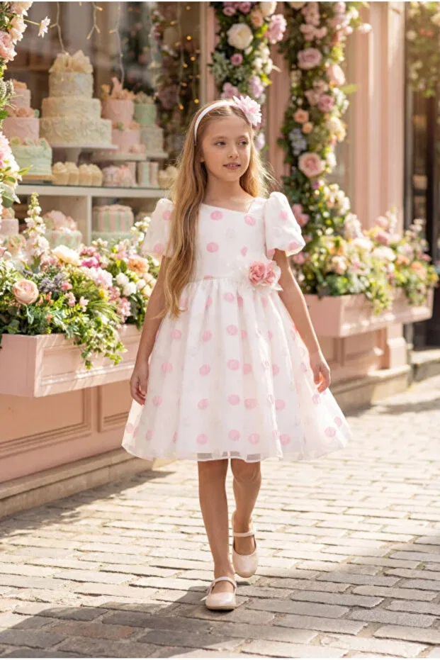Детское платье для девочек с принтом Polka dot watermelon sleeve flower detailed evening dress Pamina, Powder