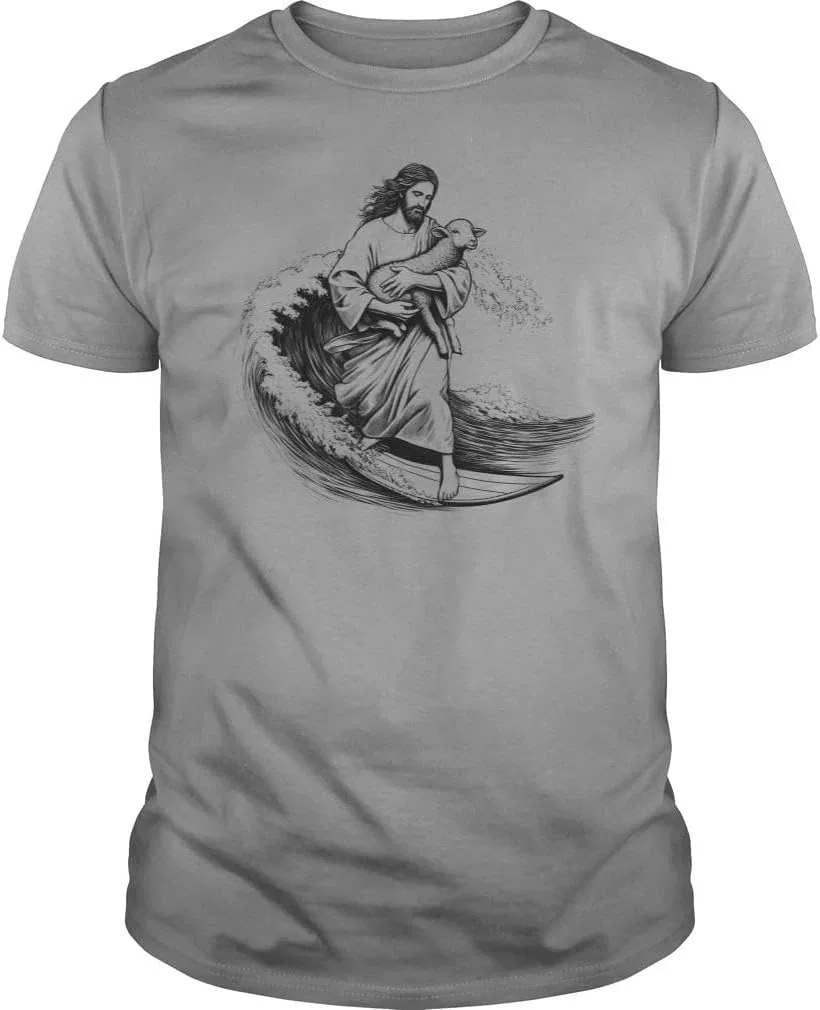 Мужская футболка с принтом Jesus Surfing Christian Surfer, Sports Grey