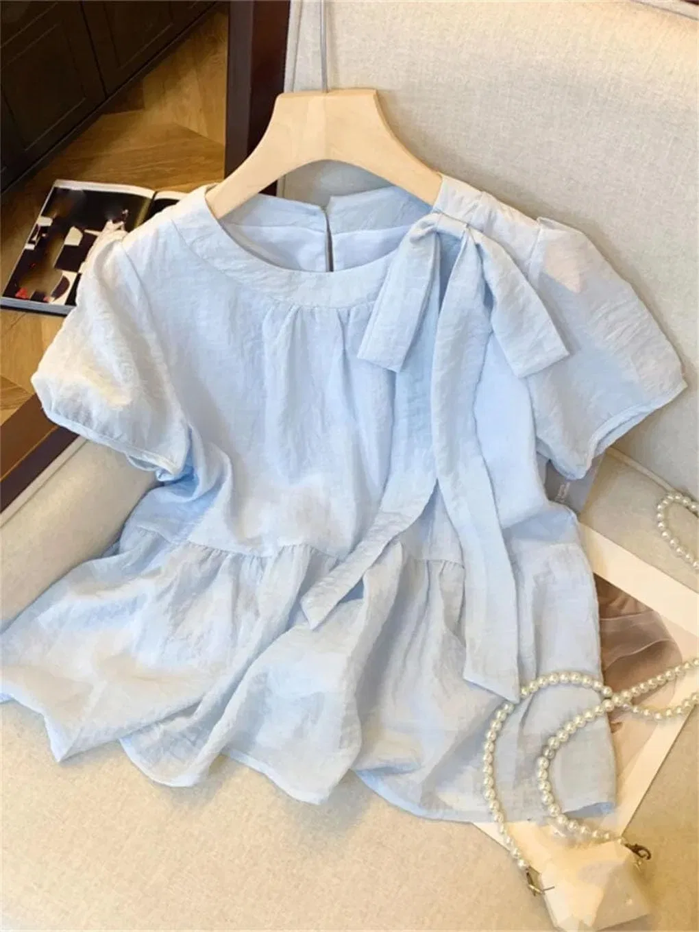 Женская свободная футболка с бантом Solid, Blue — фото 4