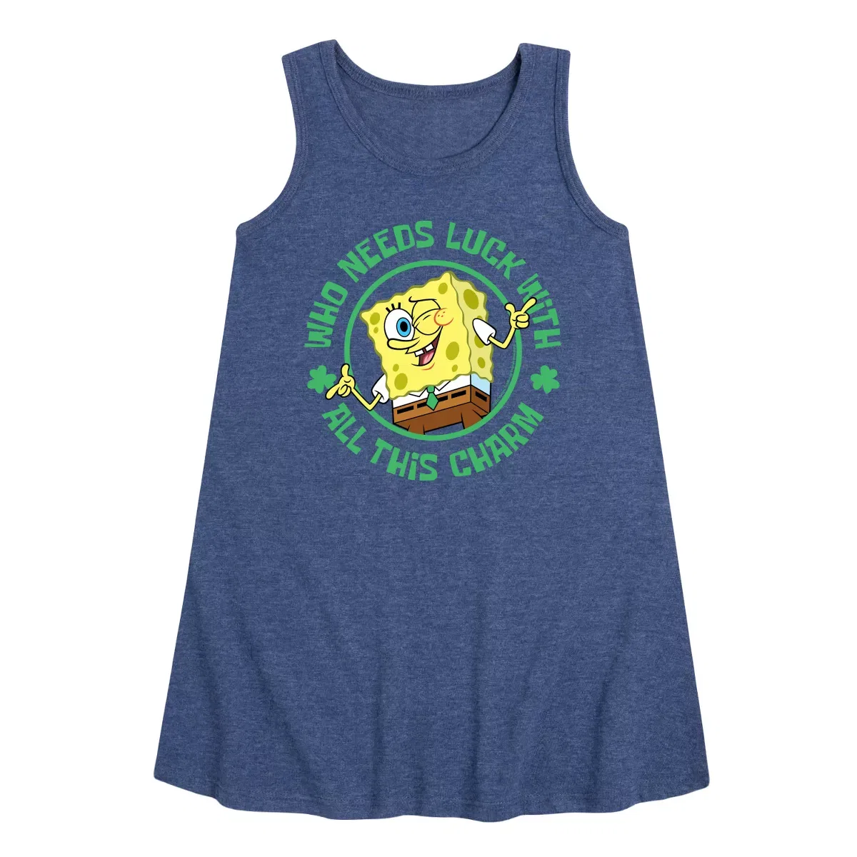 Детское платье-трапеция без рукавов Who Needs Luck With This Charm SpongeBob SquarePants, Heather Navy