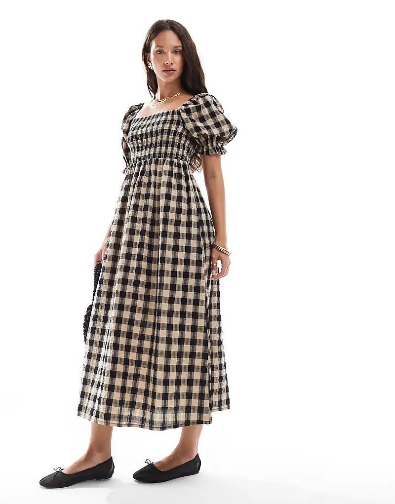 

Платье миди New Look в клетку с длинными рукавами и сборками коричневого цвета
