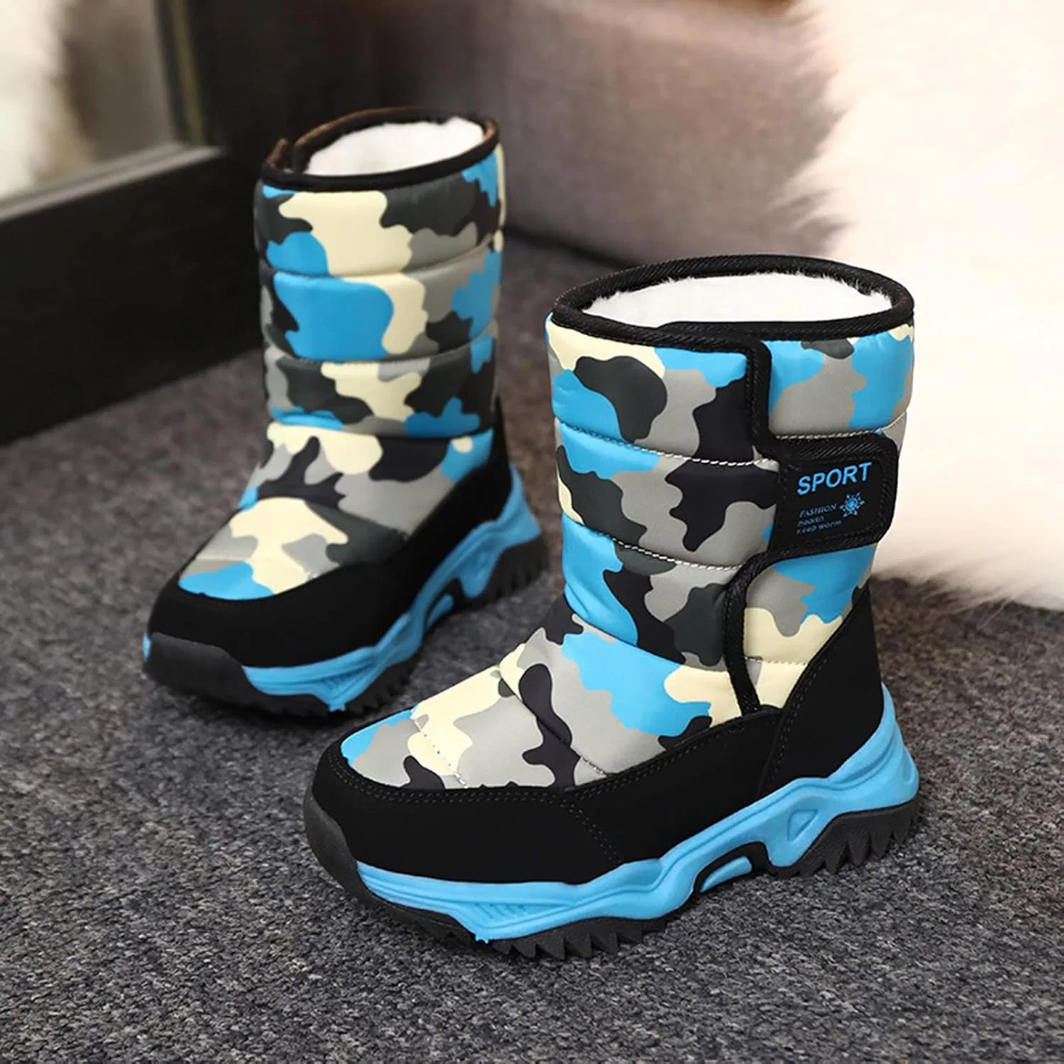 Детские зимние ботинки для девочек и мальчиков с теплой подкладкой FLIOZY, Blue Camo — фото 2