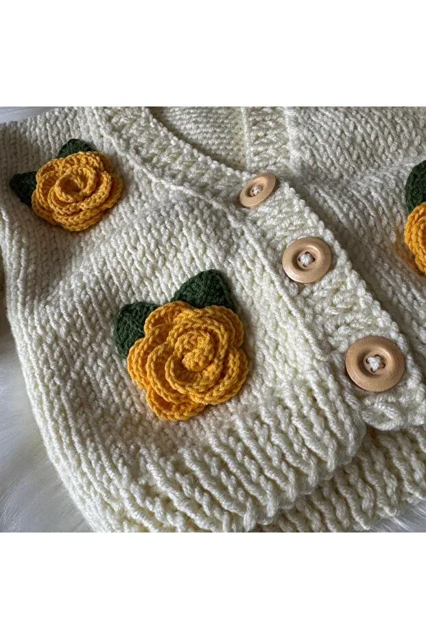 Детский кардиган с цветочным принтом Rose motif hand knitted baby kids cardigan jacket Home, Nude Color — фото 4