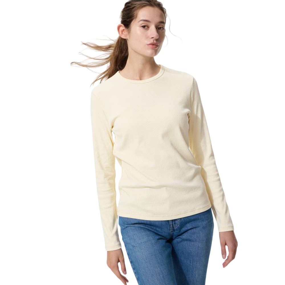 Лонгслив Uniqlo Soft Rib Crew Neck T-Shirt, 40 кремовый — фото 2