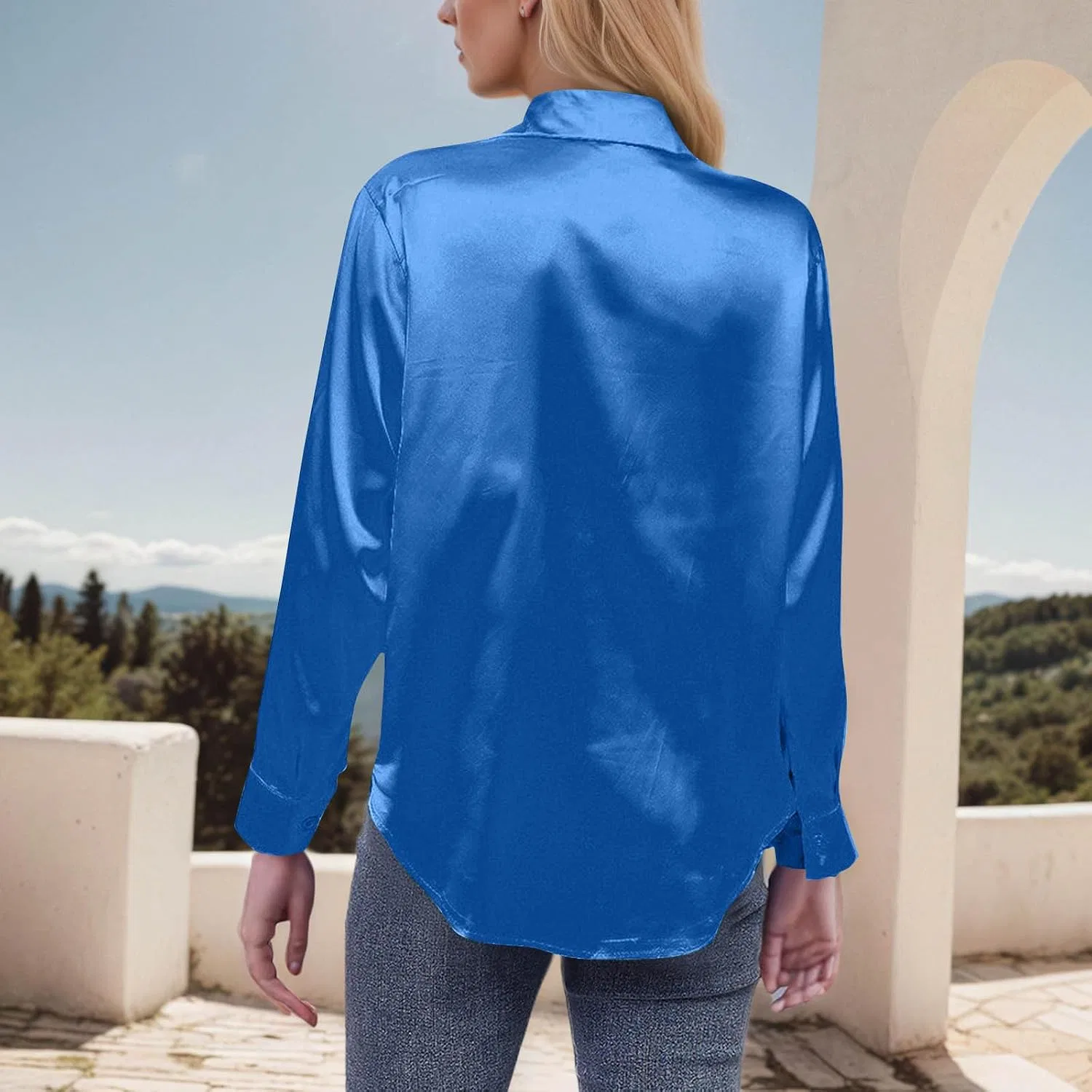 Женская рубашка с длинным рукавом, V-образным вырезом, Satin Silk, синий — фото 3