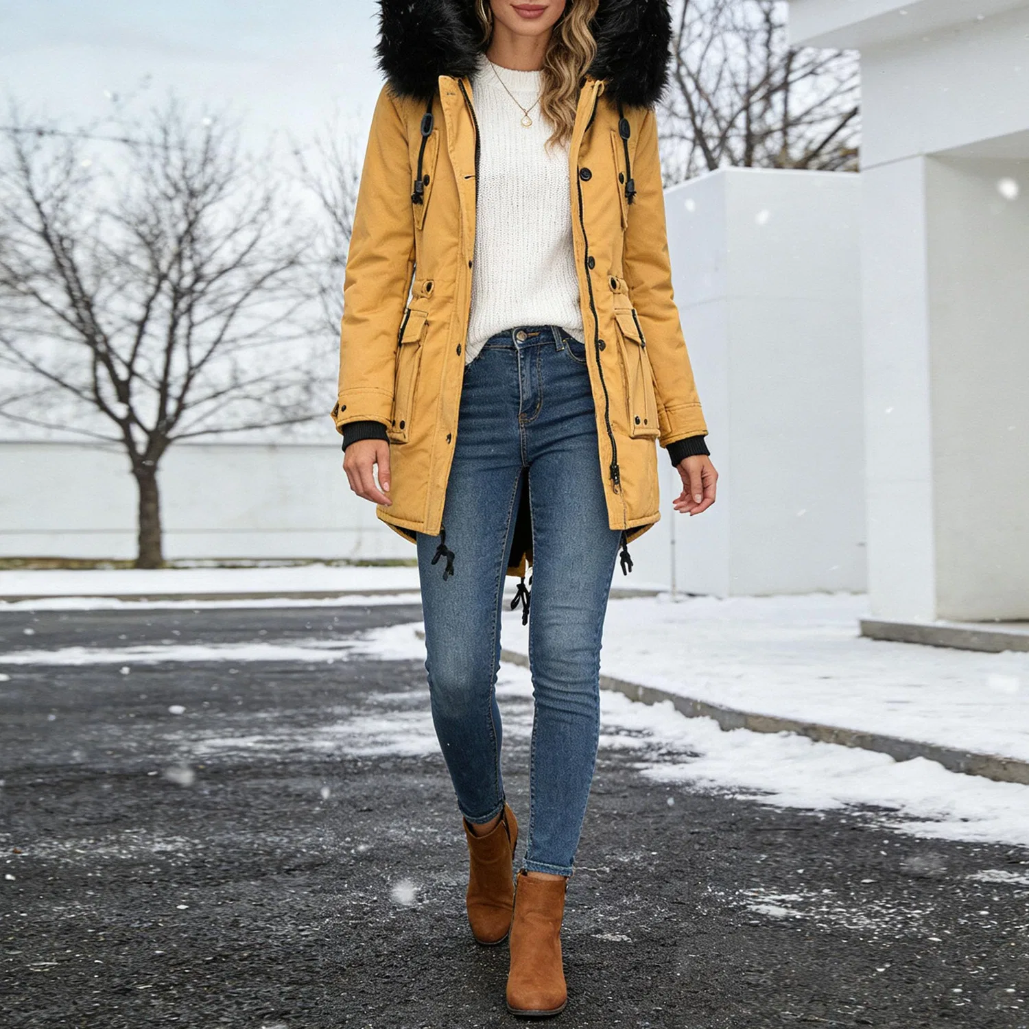 Женская зимняя куртка-парка с принтом, модель Womens Winter Down Jacket Quilted Parka Jacket Warm Waterproof Sherpa Fleece Lining Faux Fur Trim Hood, Oro — фото 2