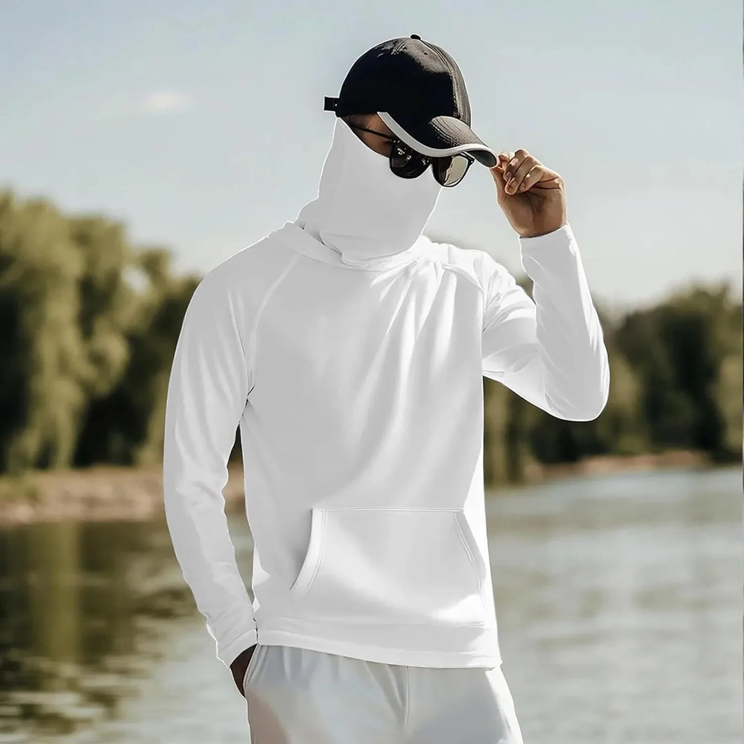 Мужская длинная футболка с защитой UPF 50+ с капюшоном и маской, White — фото 4