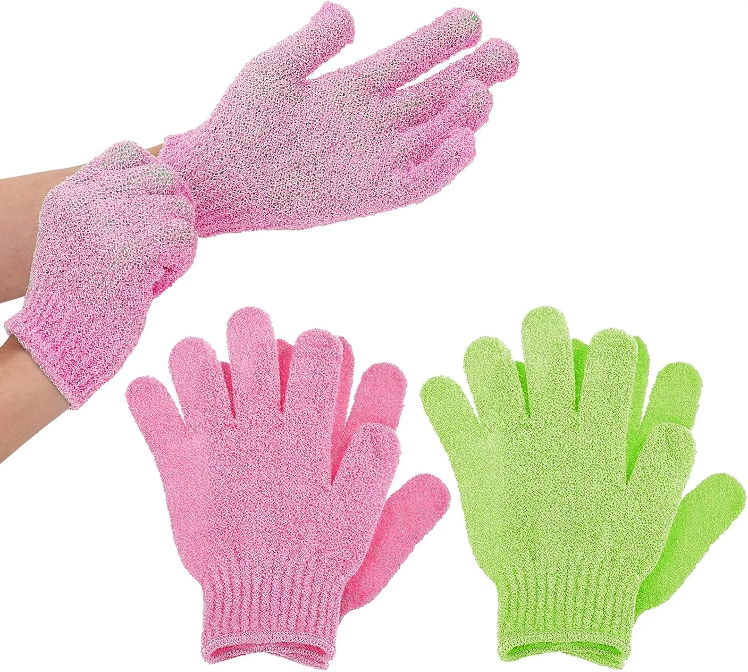Эксфолирующие перчатки для душа, 4 шт, Grass Green + Pink, WLLHYF