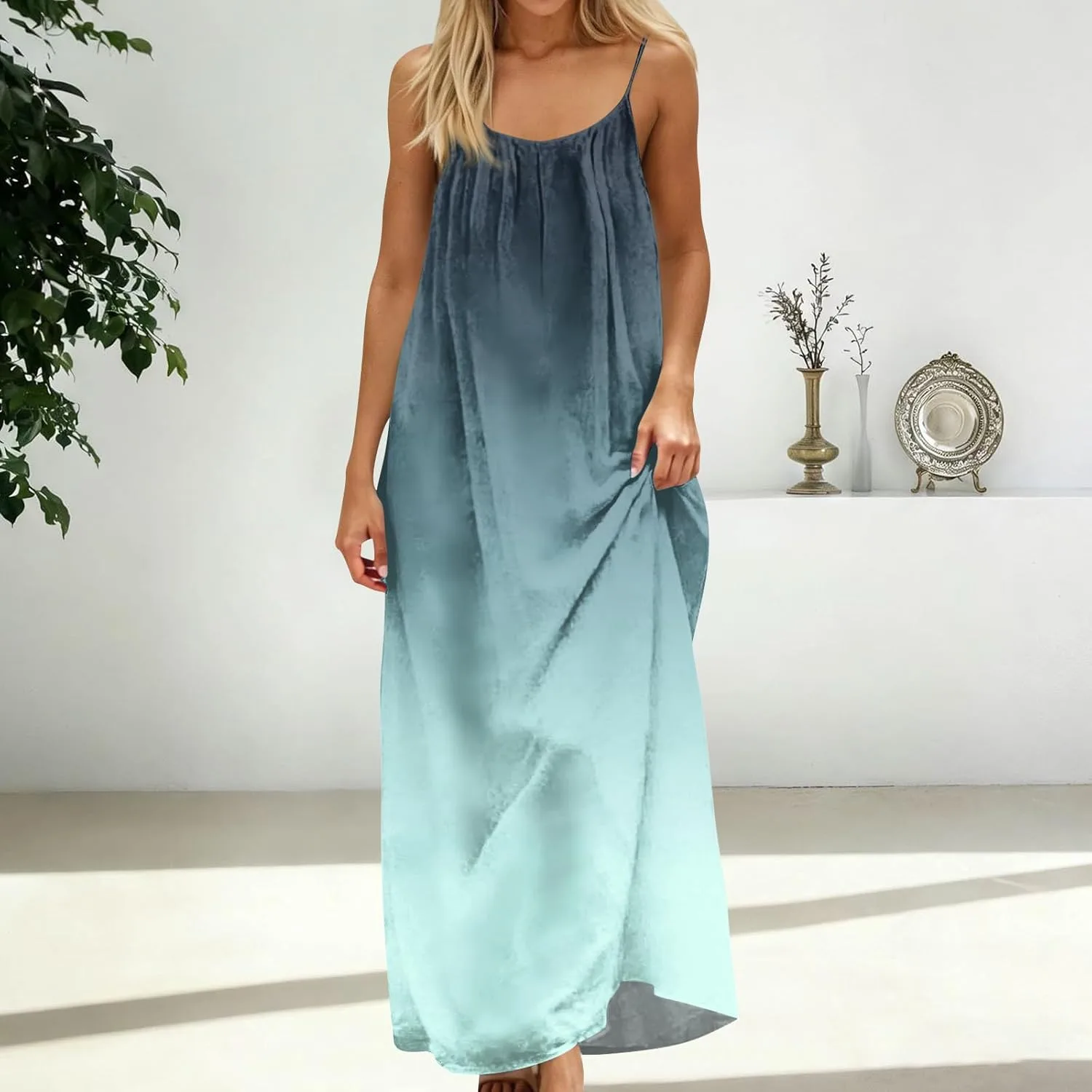 Платье-ками Backless для женщин летнее повседневное свободное струящееся на тонких бретелях с рюшами по подолу пляжное для отпуска Generic, светло-голубой — фото 2