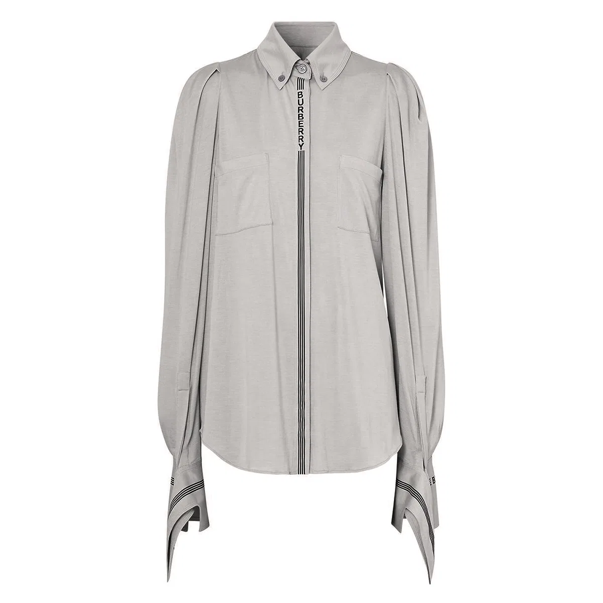 Рубашка женская из шерсти и шелка Stripe And Logo-trimmed Burberry, Grey Melange — фото 4