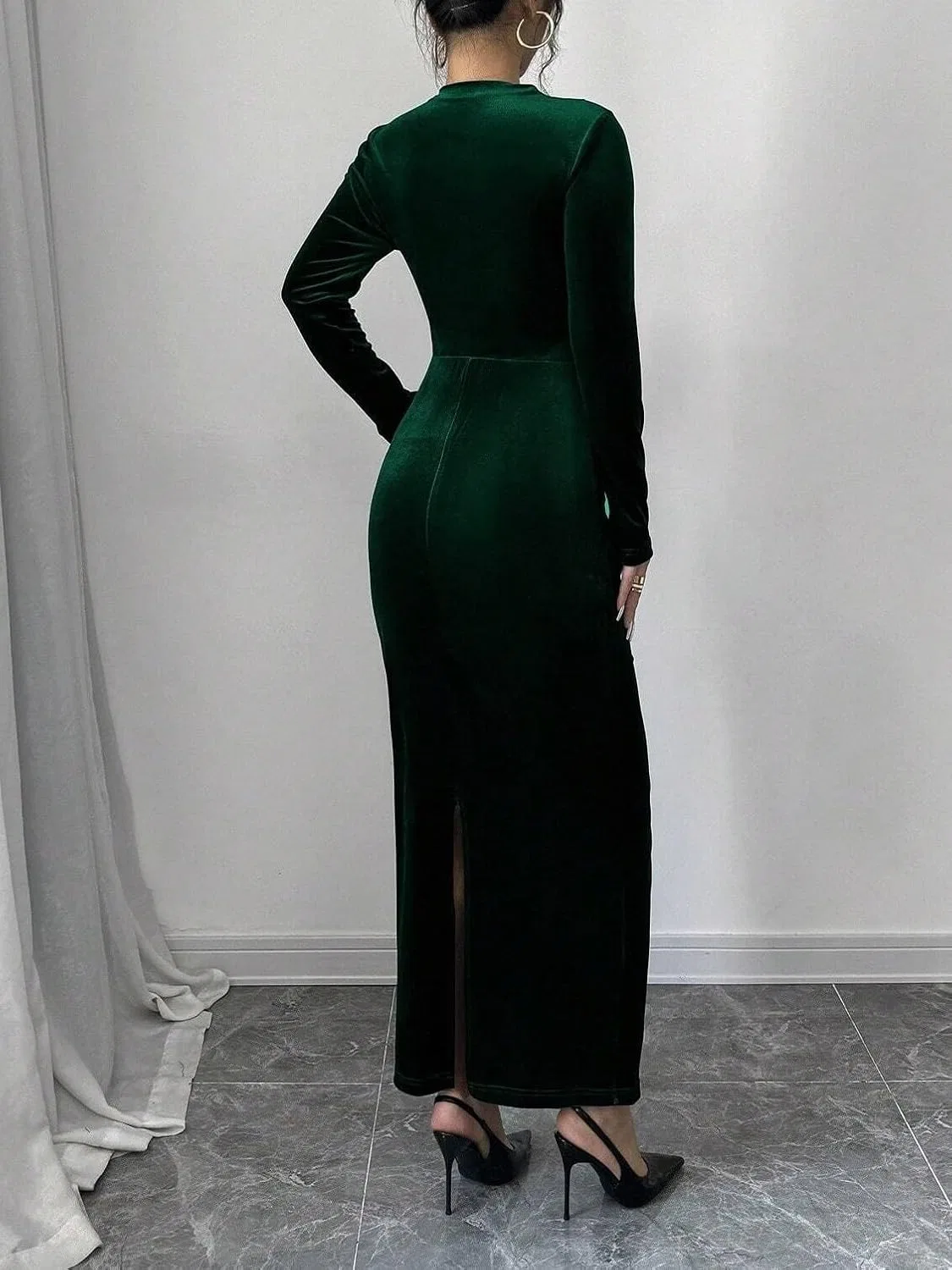 Женское длинное платье с асимметричной оборкой, Dark Green — фото 3