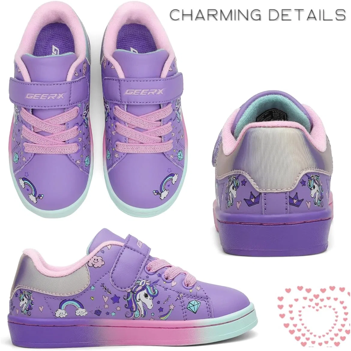 Детские кроссовки для девочек с принтом Unicorn GEERX, Purple Pink — фото 4