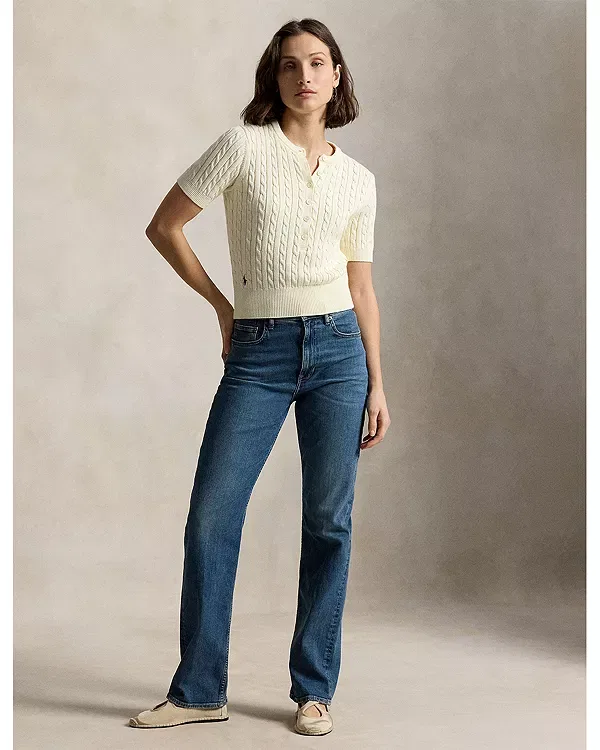 Женский свитер с коротким рукавом Mini Cable Short Sleeve Henley Sweater Ralph Lauren, кремовый — фото 2