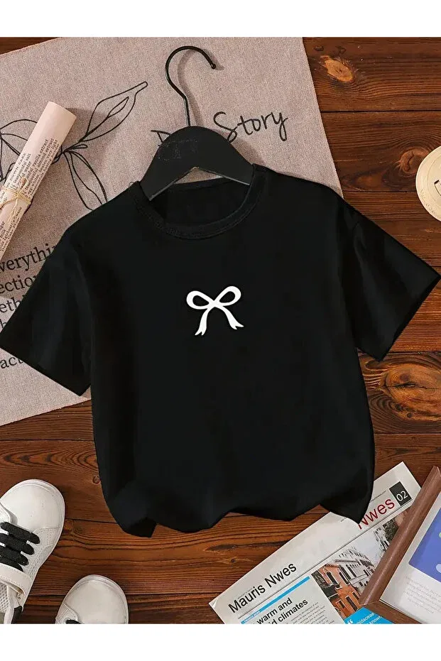 Детская футболка для девочек с принтом Bow Printed Black T-shirt Haha, Black