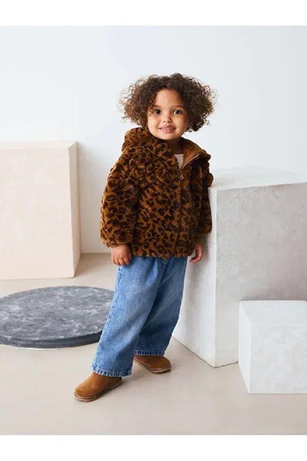 Детское зимнее пальто для девочек с капюшоном Leopard Print Next Baby, Brown — фото 3